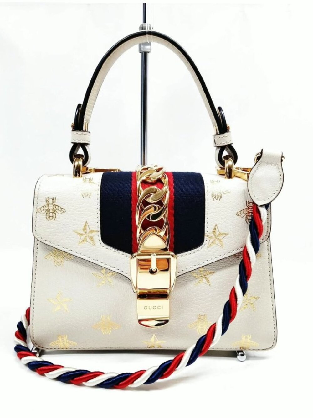 Authentic Gucci Sylvie Top Handle Bag Bee Star Leather Chain Strap - Picture 2 of 10